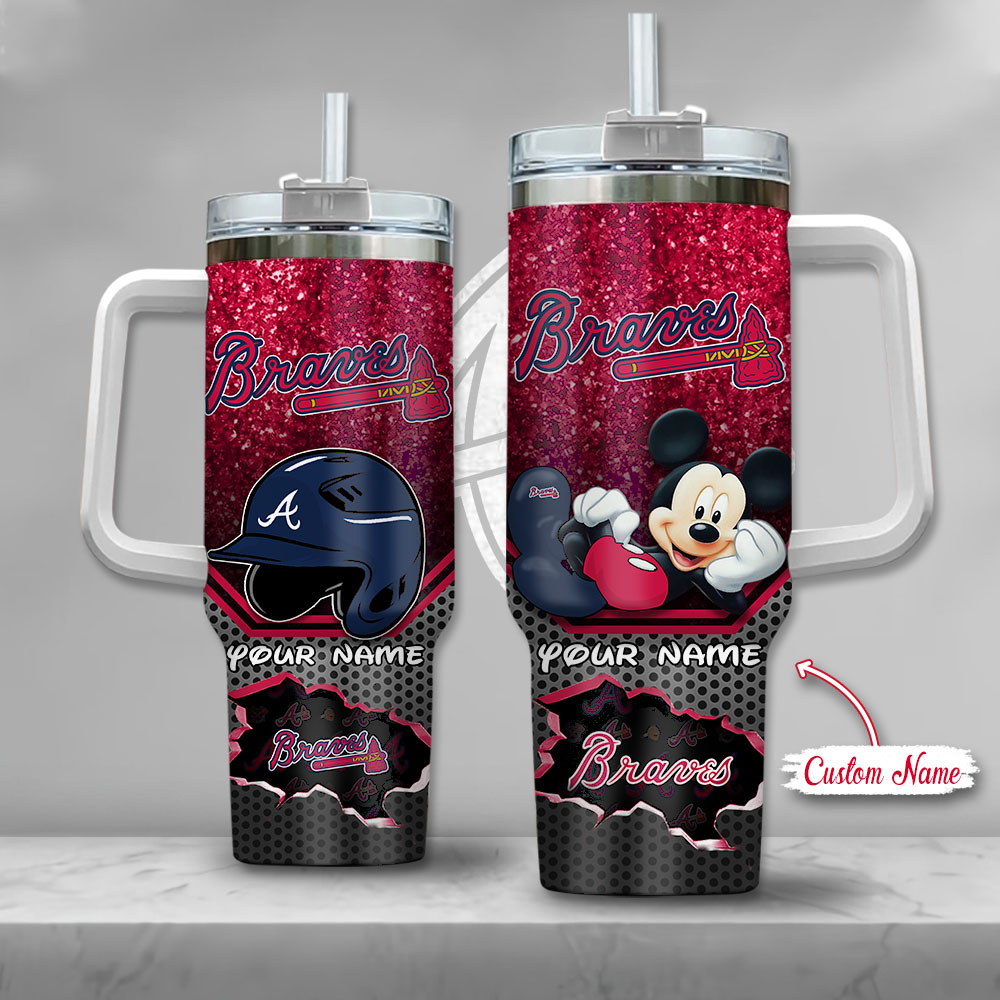 MLB Atlanta Braves Mickey Mouse Custom Stanley Quencher 40oz Stainless Steel Tumbler With Handle