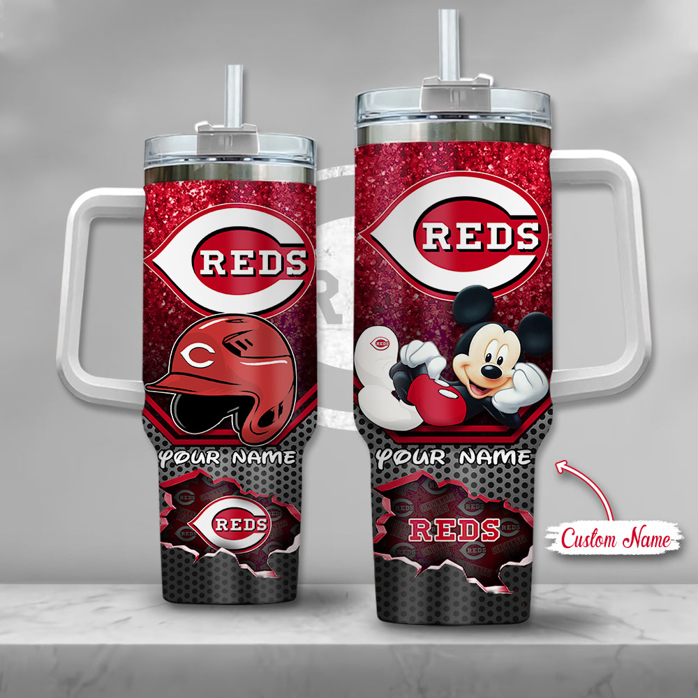 MLB Cincinnati Reds Mickey Mouse Custom Stanley Quencher 40oz Stainless Steel Tumbler With Handle