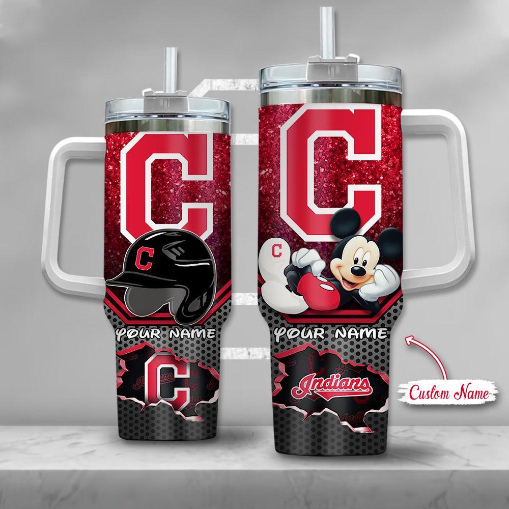 MLB Cleveland Indians Mickey Mouse Custom Stanley Quencher 40oz Stainless Steel Tumbler With Handle