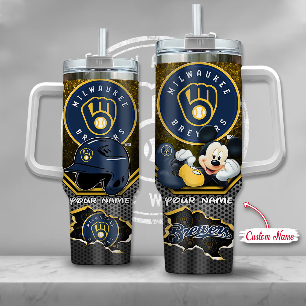 MLB Milwaukee Brewers Mickey Mouse Custom Stanley Quencher 40oz Stainless Steel Tumbler With Handle