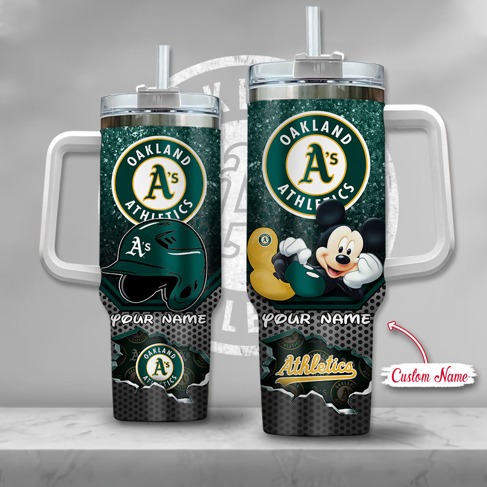 MLB Oakland Athletics Mickey Mouse Custom Stanley Quencher 40oz Stainless Steel Tumbler With Handle