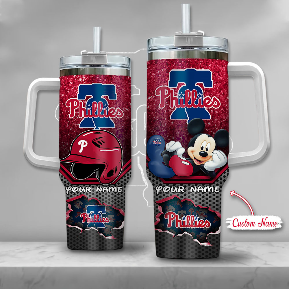 MLB Philadelphia Phillies Mickey Mouse Custom Stanley Quencher 40oz Stainless Steel Tumbler With Handle