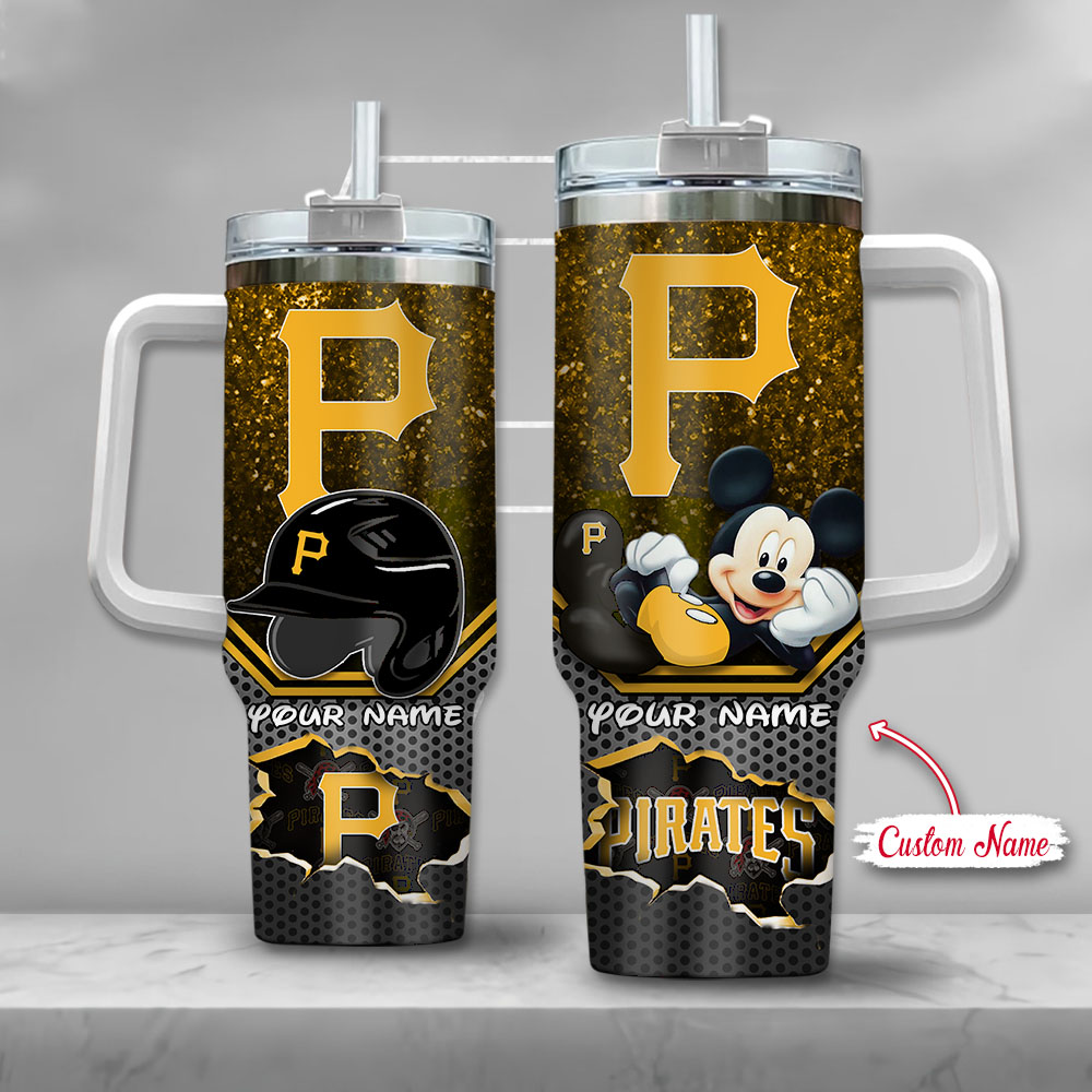 MLB Pittsburgh Pirates Mickey Mouse Custom Stanley Quencher 40oz Stainless Steel Tumbler With Handle