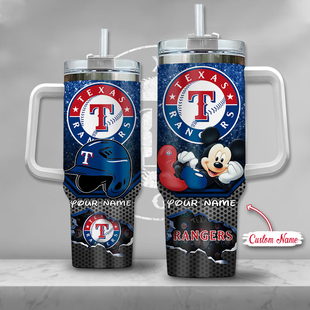 MLB Texas Rangers Mickey Mouse Custom Stanley Quencher 40oz Stainless Steel Tumbler With Handle