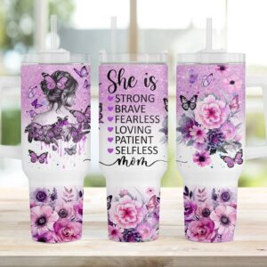 Mom Affirmations Glitter Floral Butterflies Custom Stanley Quencher 40oz Stainless Steel Tumbler With Handle