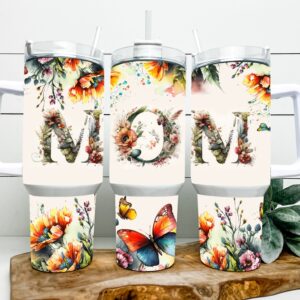 Mom Floral Butterflies Custom Stanley Quencher 40oz Stainless Steel Tumbler With Handle
