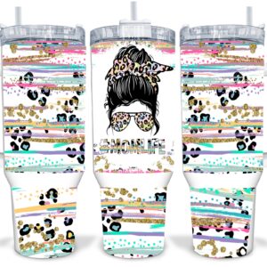Mom Life Glitter Leopard Print Custom Stanley Quencher 40oz Stainless Steel Tumbler With Handle