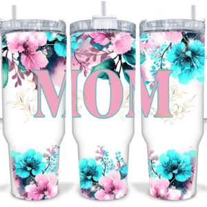 Mom Pink and Blue Floral Custom Stanley Quencher 40oz Stainless Steel Tumbler With Handle