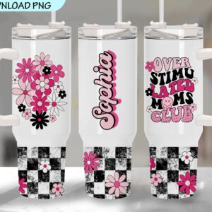 Moms Club Checkered Floral Custom Stanley Quencher 40oz Stainless Steel Tumbler With Handle