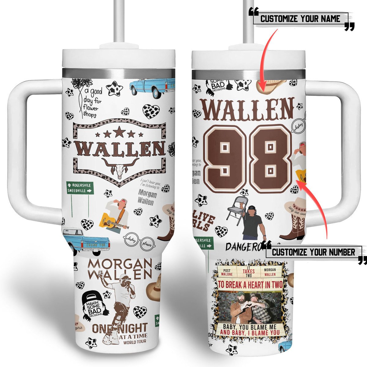 Morgan Wallen Music Custom Stanley Quencher 40oz Stainless Steel Tumbler With Handle