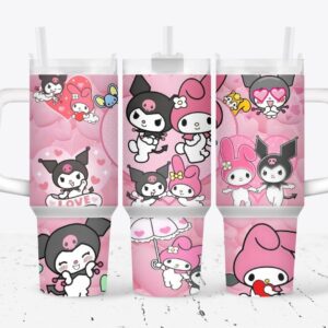 My Melody and Kuromi Valentines Gift Sanrio Cartoon Custom Stanley Quencher 40oz Stainless Steel Tumbler With Handle