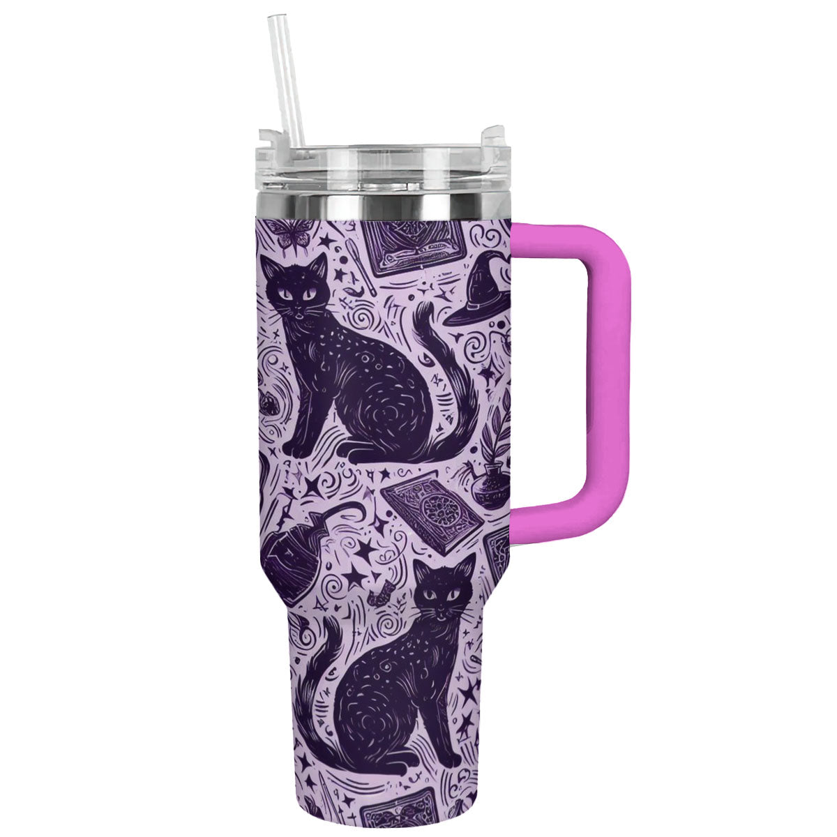 Mystic Black Cat Halloween Custom Stanley Quencher 40oz Stainless Steel Tumbler With Handle