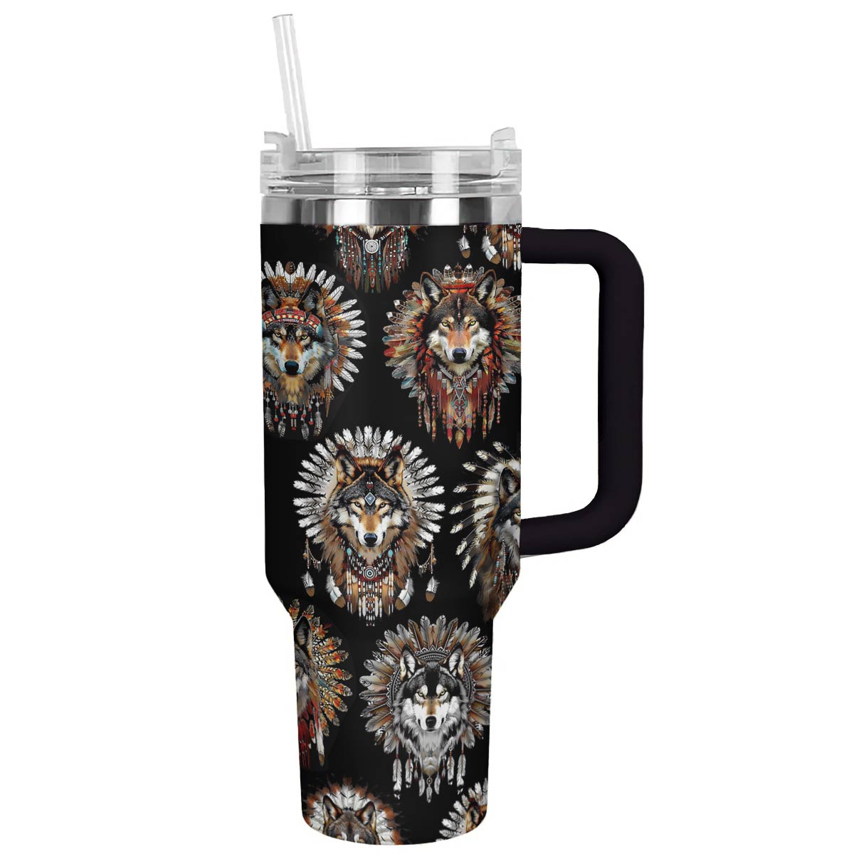 Native Wolf American Custom Stanley Quencher 40oz Stainless Steel Tumbler With Handle