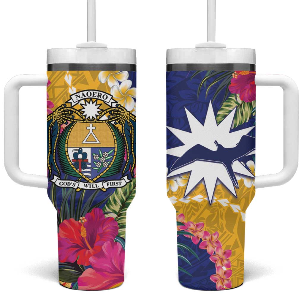 Nauru Independence Day Coat Of Arms With Tropical Flowers Custom Stanley Quencher 40oz Stainless Steel Tumbler With Handle