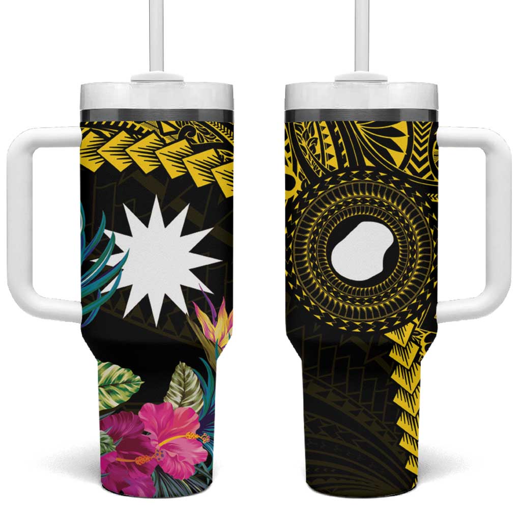 Nauru Naoero Map With Polynesian Tropical Flowers Custom Stanley Quencher 40oz Stainless Steel Tumbler With Handle