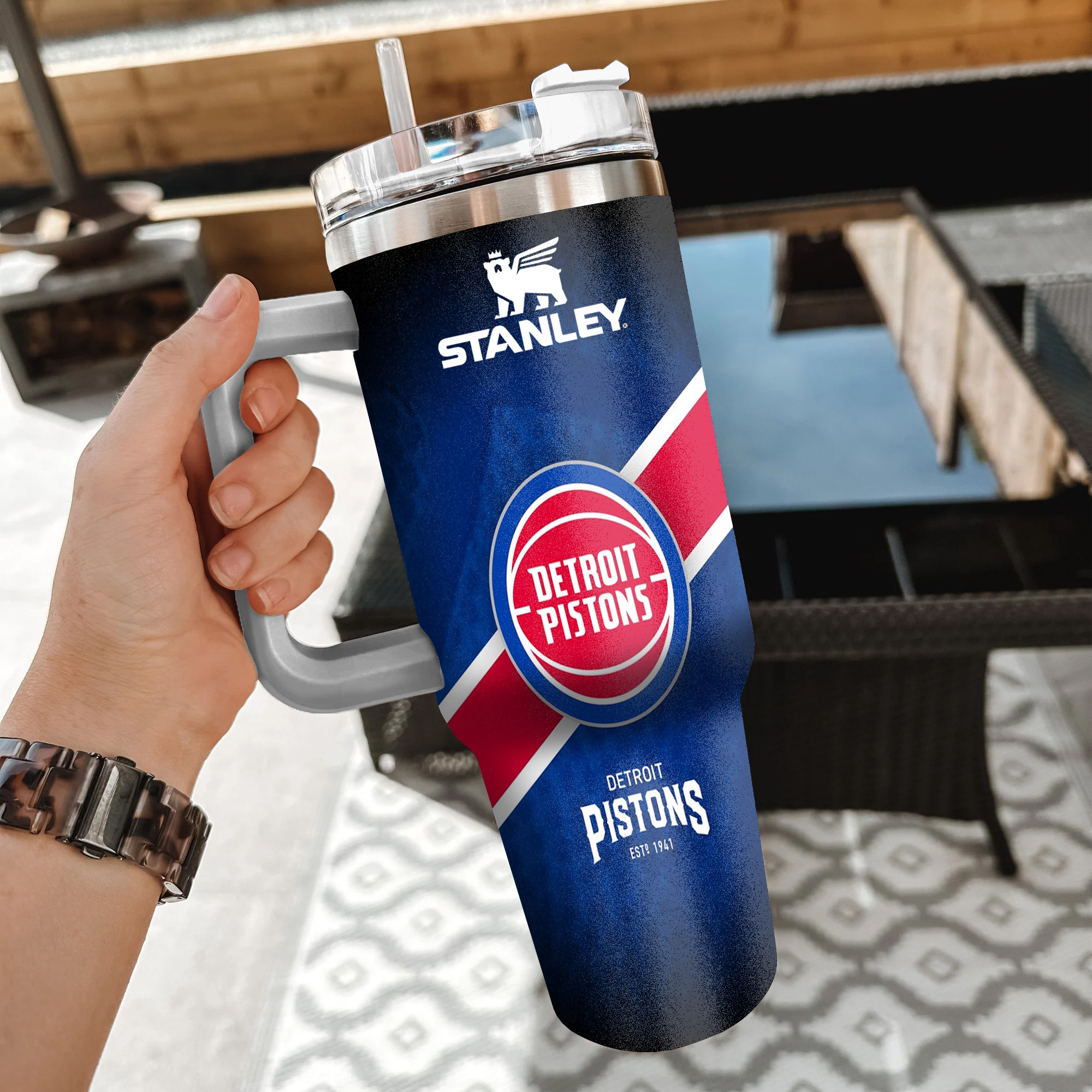 NBA Detroit Pistons Custom Stanley Quencher 40oz Stainless Steel Tumbler With Handle