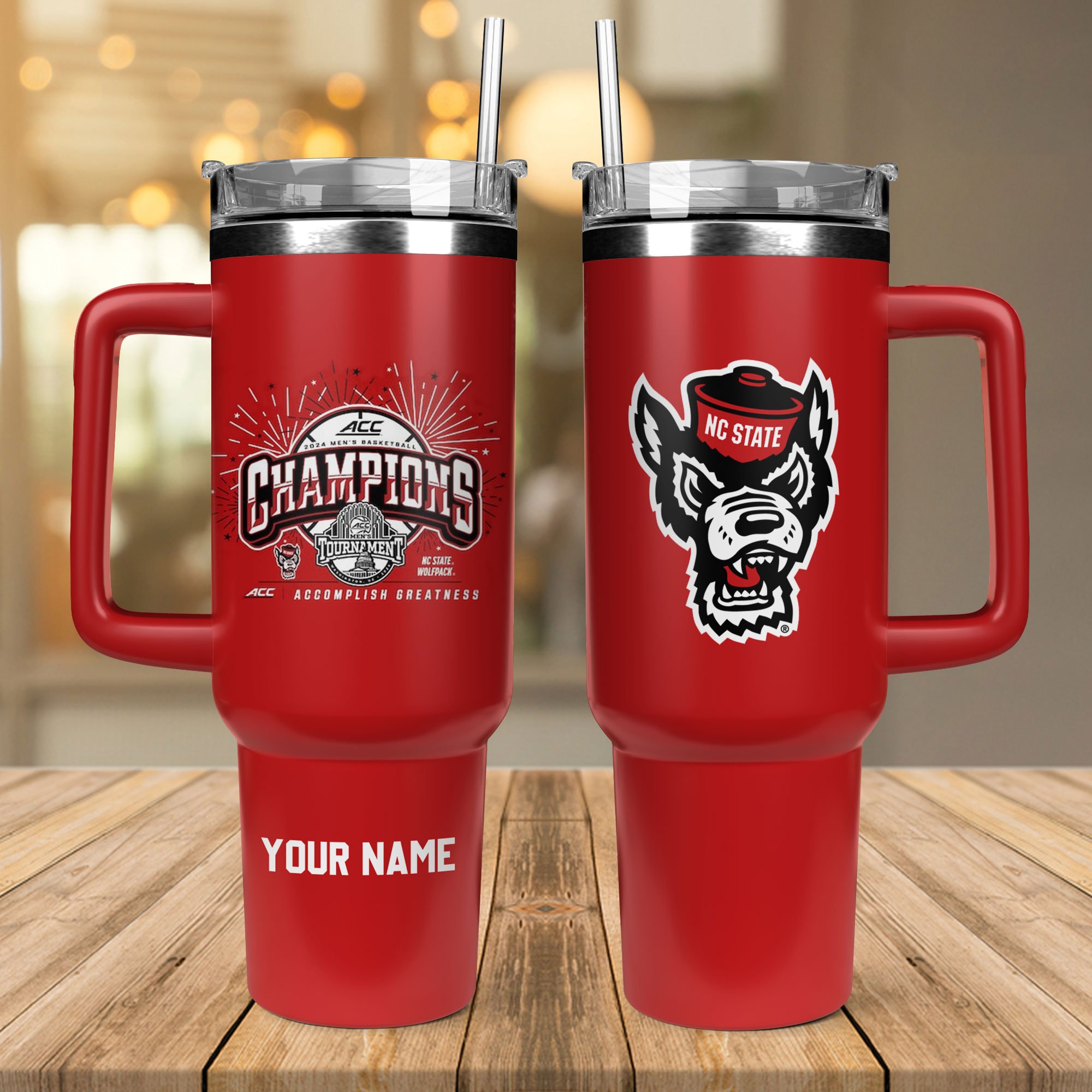 NC State Wolfpack 2024 ACC Menâ€™s Basketball Tournament Champions NCAA Custom Stanley Quencher 40oz Stainless Steel Tumbler With Handle