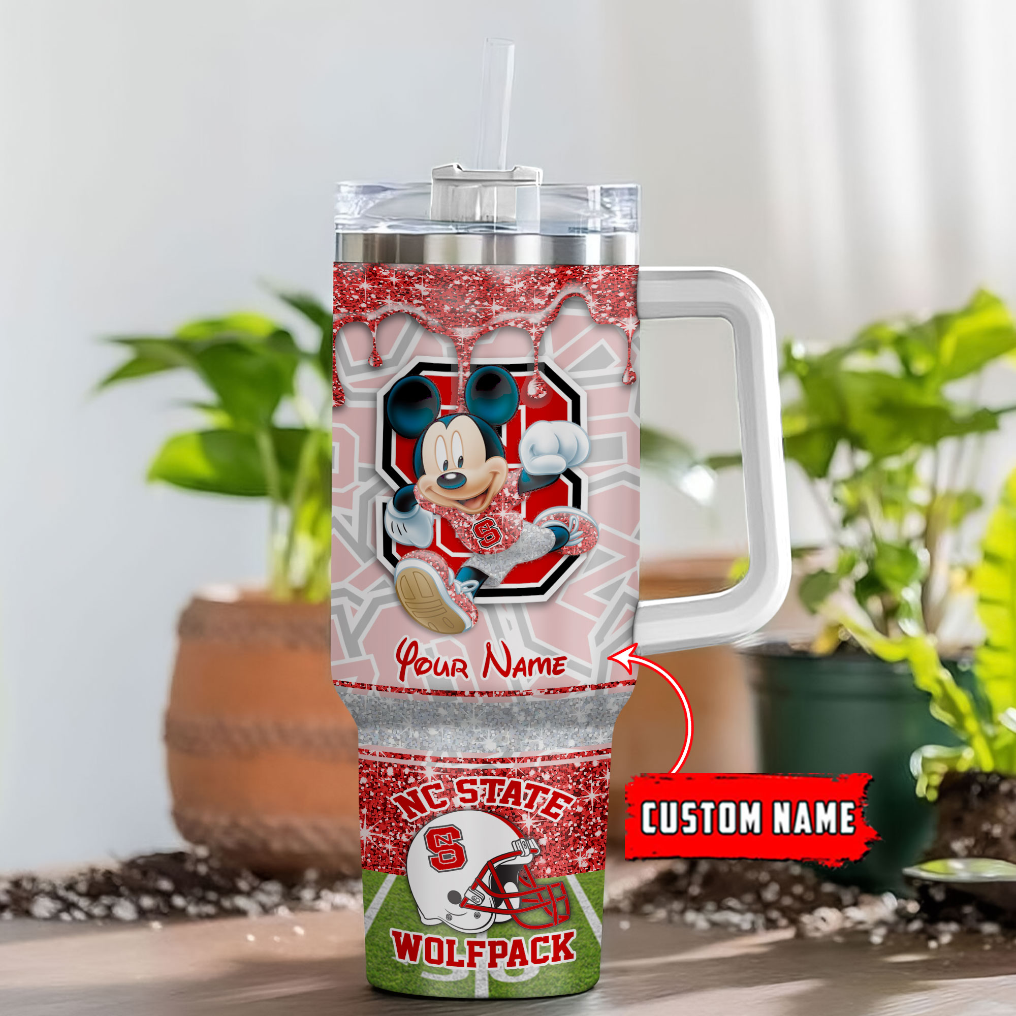 NC State Wolfpack NCAA Mickey Mouse Glitter Custom Stanley Quencher 40oz Stainless Steel Tumbler With Handle