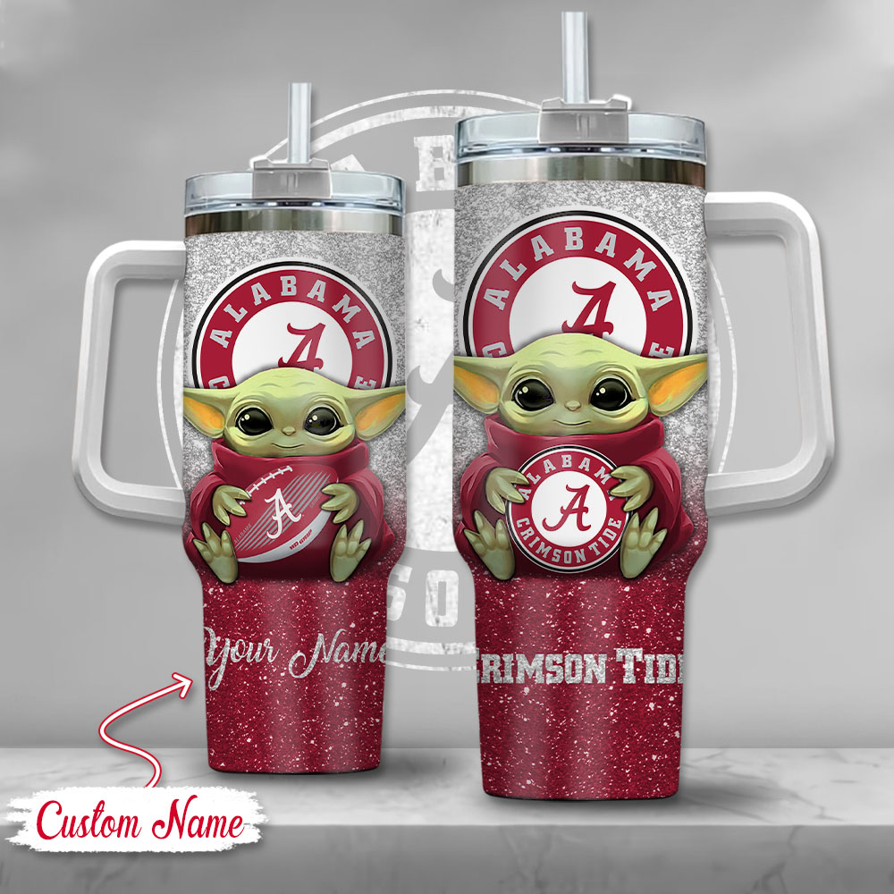 NCAA Alabama Crimson Tide Baby Yoda Custom Stanley Quencher 40oz Stainless Steel Tumbler With Handle