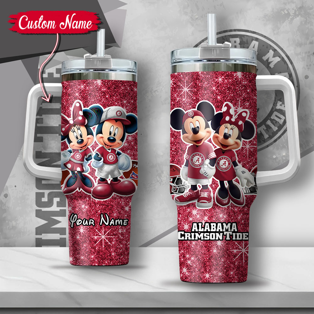 NCAA Alabama Crimson Tide Mickey And Minnie Couple Custom Stanley Quencher 40oz Stainless Steel Tumbler With Handle