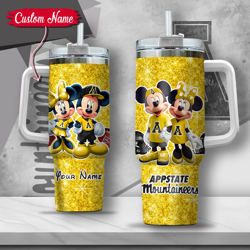 NCAA Appalachian State Mountaineers Mickey And Minnie Couple Custom Stanley Quencher 40oz Stainless Steel Tumbler With Handle