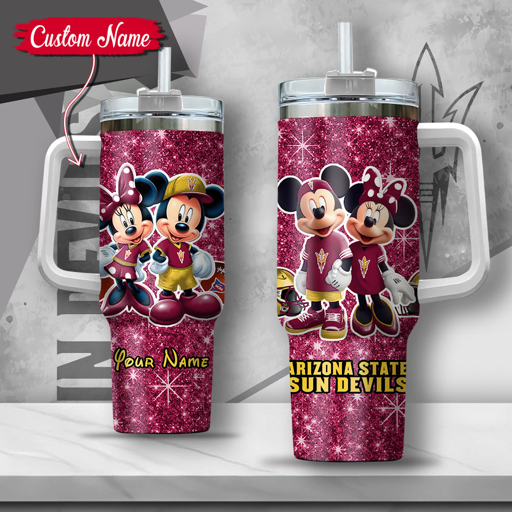 NCAA Arizona State Sun Devils Mickey And Minnie Couple Custom Stanley Quencher 40oz Stainless Steel Tumbler With Handle