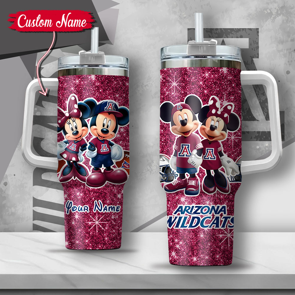 NCAA Arizona Wildcats Mickey And Minnie Couple Custom Stanley Quencher 40oz Stainless Steel Tumbler With Handle