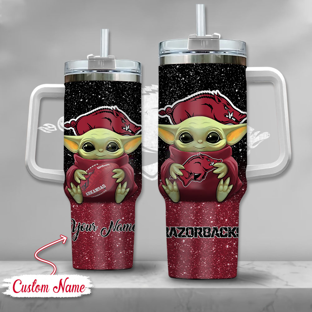 NCAA Arkansas Razorbacks Baby Yoda Custom Stanley Quencher 40oz Stainless Steel Tumbler With Handle