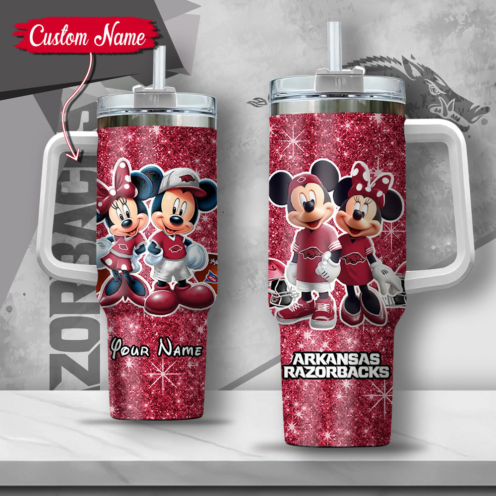 NCAA Arkansas Razorbacks Mickey And Minnie Couple Custom Stanley Quencher 40oz Stainless Steel Tumbler With Handle