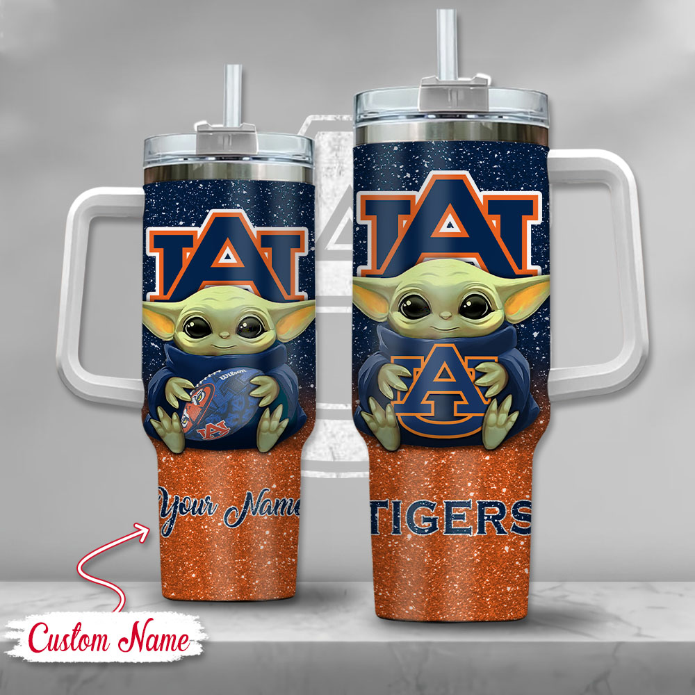 NCAA Auburn Tigers Baby Yoda Custom Stanley Quencher 40oz Stainless Steel Tumbler With Handle