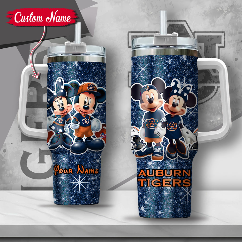 NCAA Auburn Tigers Mickey And Minnie Couple Custom Stanley Quencher 40oz Stainless Steel Tumbler With Handle
