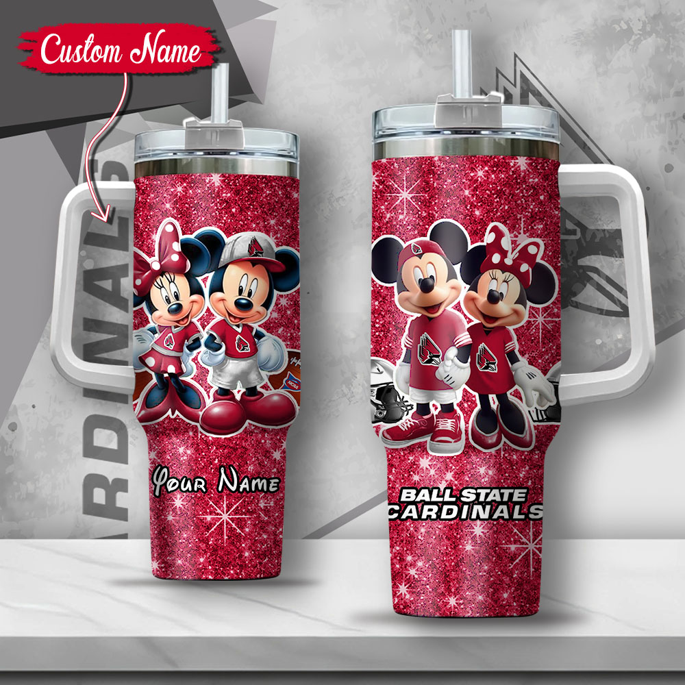 NCAA Ball State Cardinals Mickey And Minnie Couple Custom Stanley Quencher 40oz Stainless Steel Tumbler With Handle