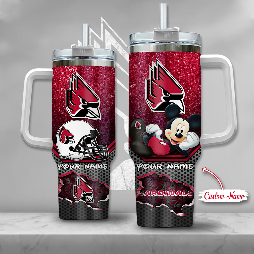 NCAA Ball State Cardinals Mickey Mouse Custom Stanley Quencher 40oz Stainless Steel Tumbler With Handle