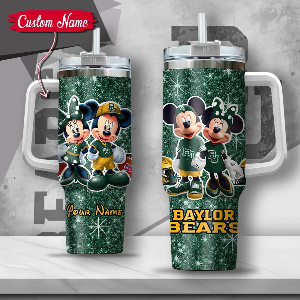 NCAA Baylor Bears Mickey And Minnie Couple Custom Stanley Quencher 40oz Stainless Steel Tumbler With Handle