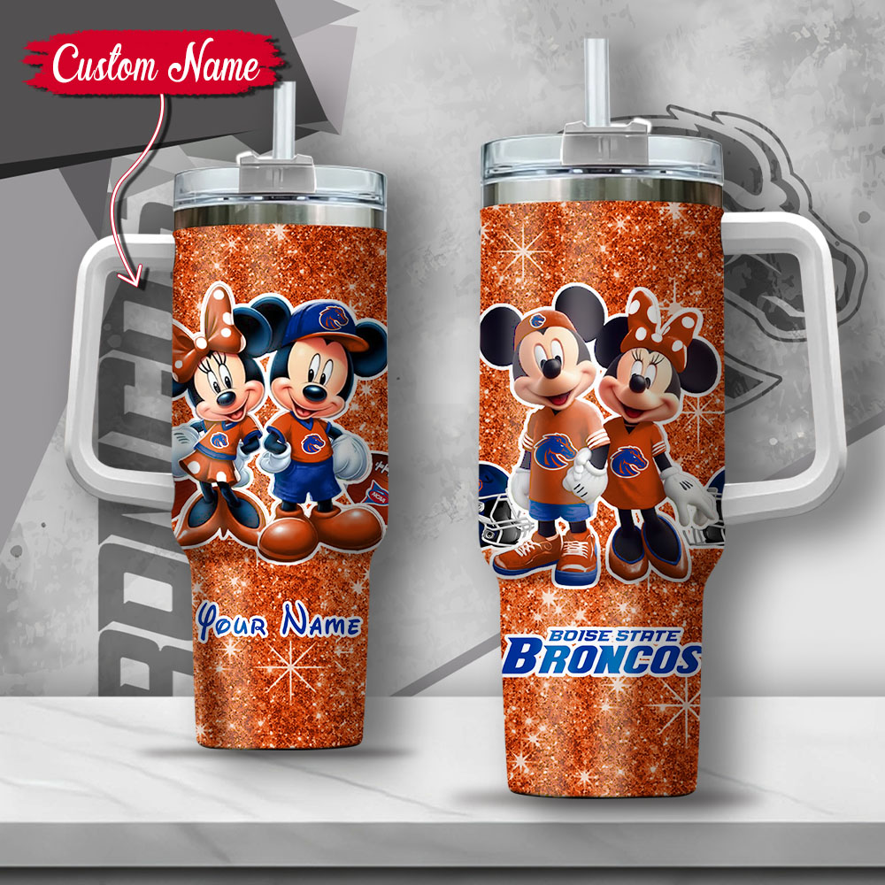 NCAA Boise State Broncos Mickey And Minnie Couple Custom Stanley Quencher 40oz Stainless Steel Tumbler With Handle