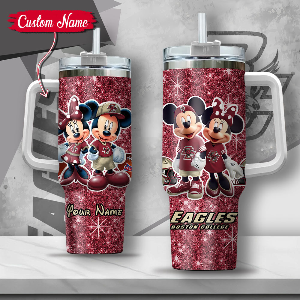 NCAA Boston College Eagles Mickey And Minnie Couple Custom Stanley Quencher 40oz Stainless Steel Tumbler With Handle