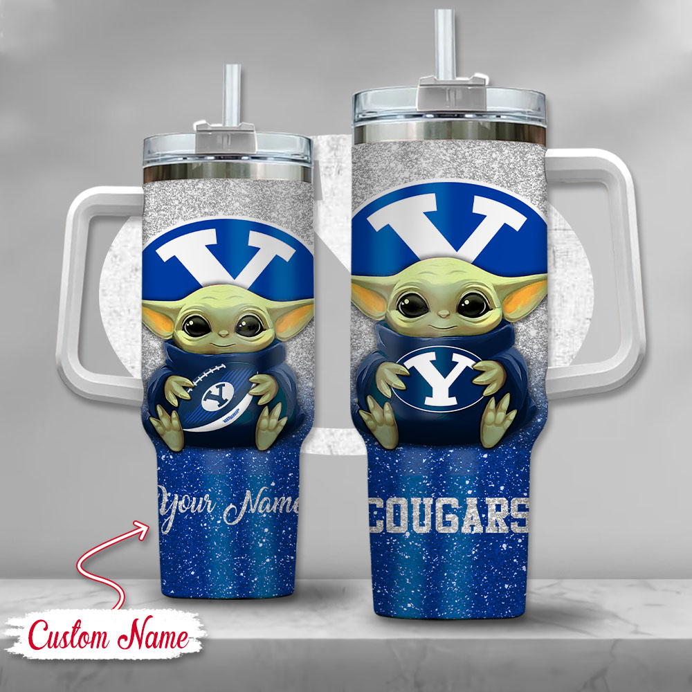 NCAA BYU Cougars Baby Yoda Custom Stanley Quencher 40oz Stainless Steel Tumbler With Handle