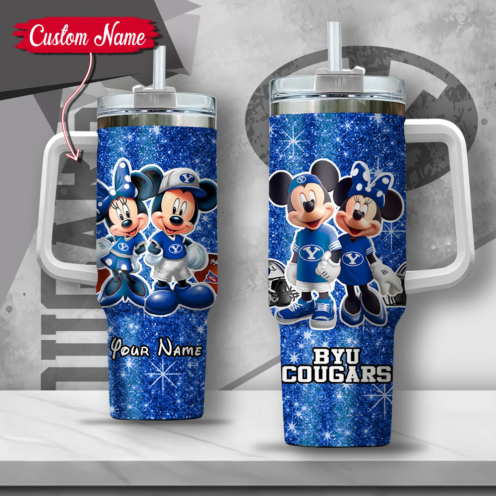 NCAA BYU Cougars Mickey And Minnie Couple Custom Stanley Quencher 40oz Stainless Steel Tumbler With Handle