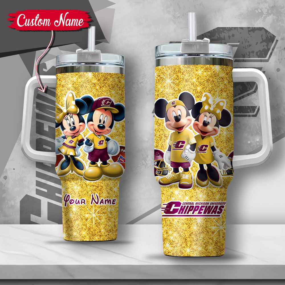 NCAA Central Michigan Chippewas Mickey And Minnie Couple Custom Stanley Quencher 40oz Stainless Steel Tumbler With Handle