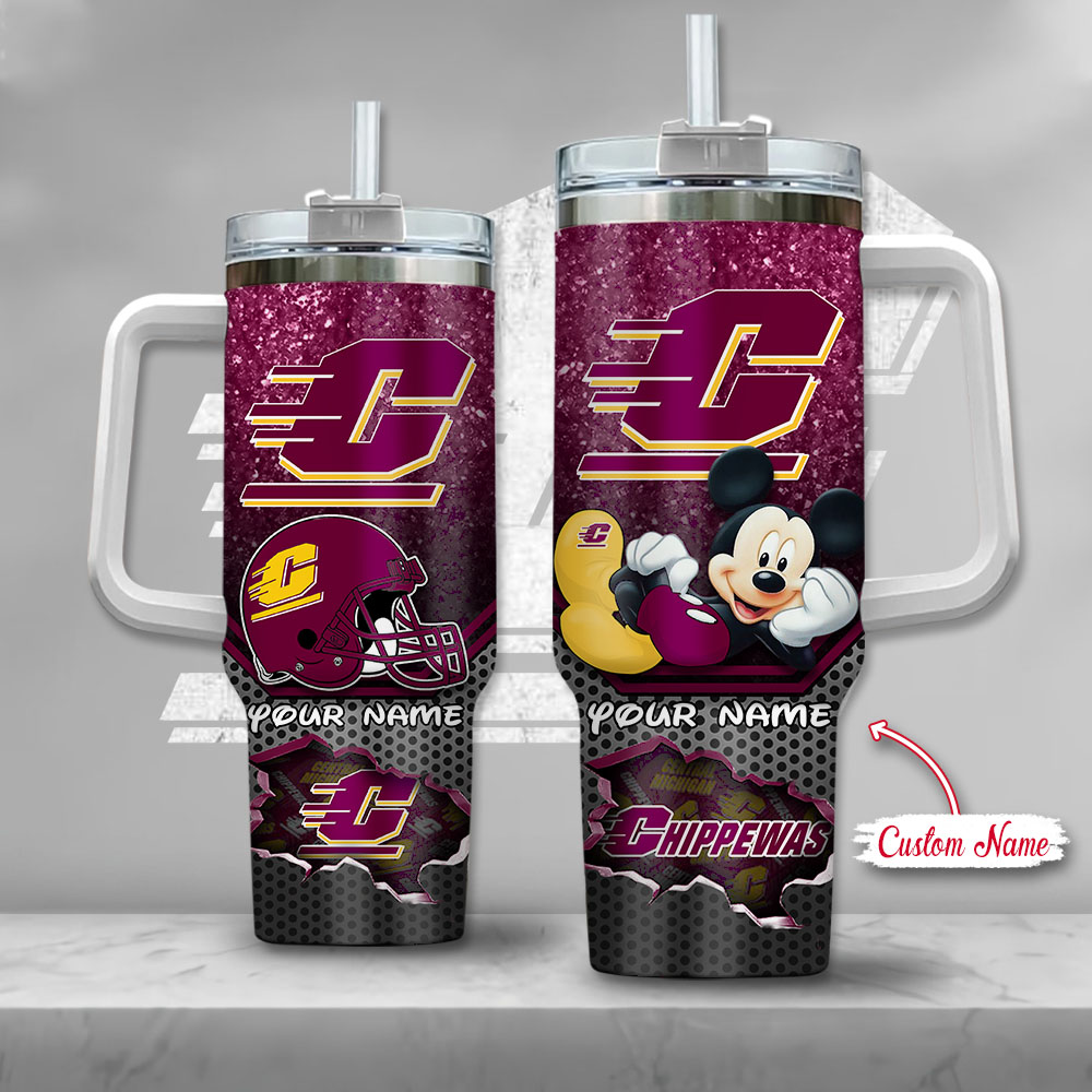 NCAA Central Michigan Chippewas Mickey Mouse Custom Stanley Quencher 40oz Stainless Steel Tumbler With Handle