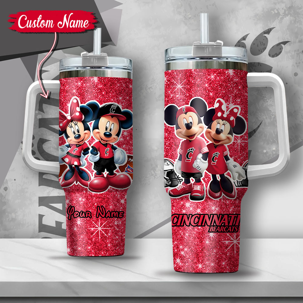NCAA Cincinnati Bearcats Mickey And Minnie Couple Custom Stanley Quencher 40oz Stainless Steel Tumbler With Handle
