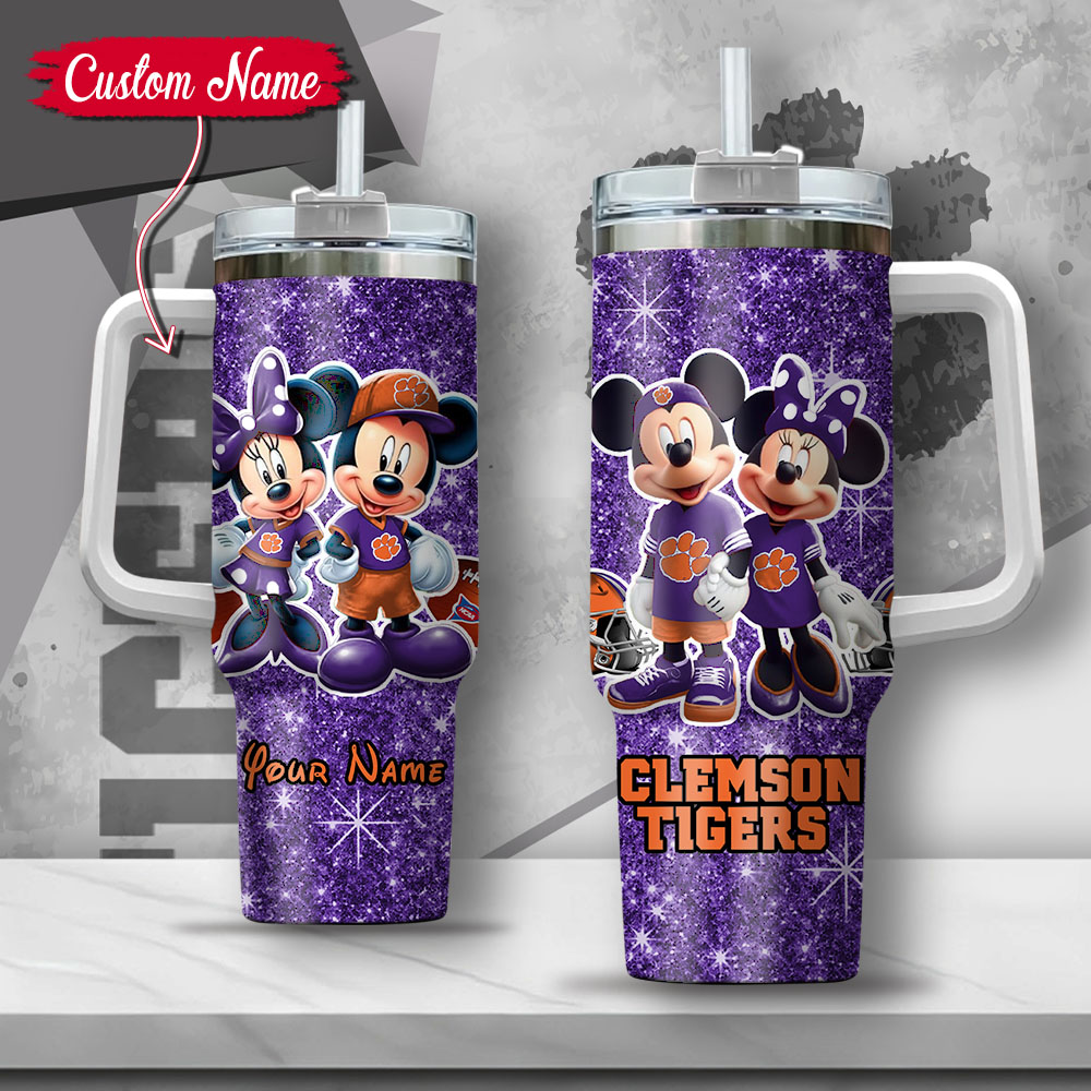 NCAA Clemson Tigers Mickey And Minnie Couple Custom Stanley Quencher 40oz Stainless Steel Tumbler With Handle