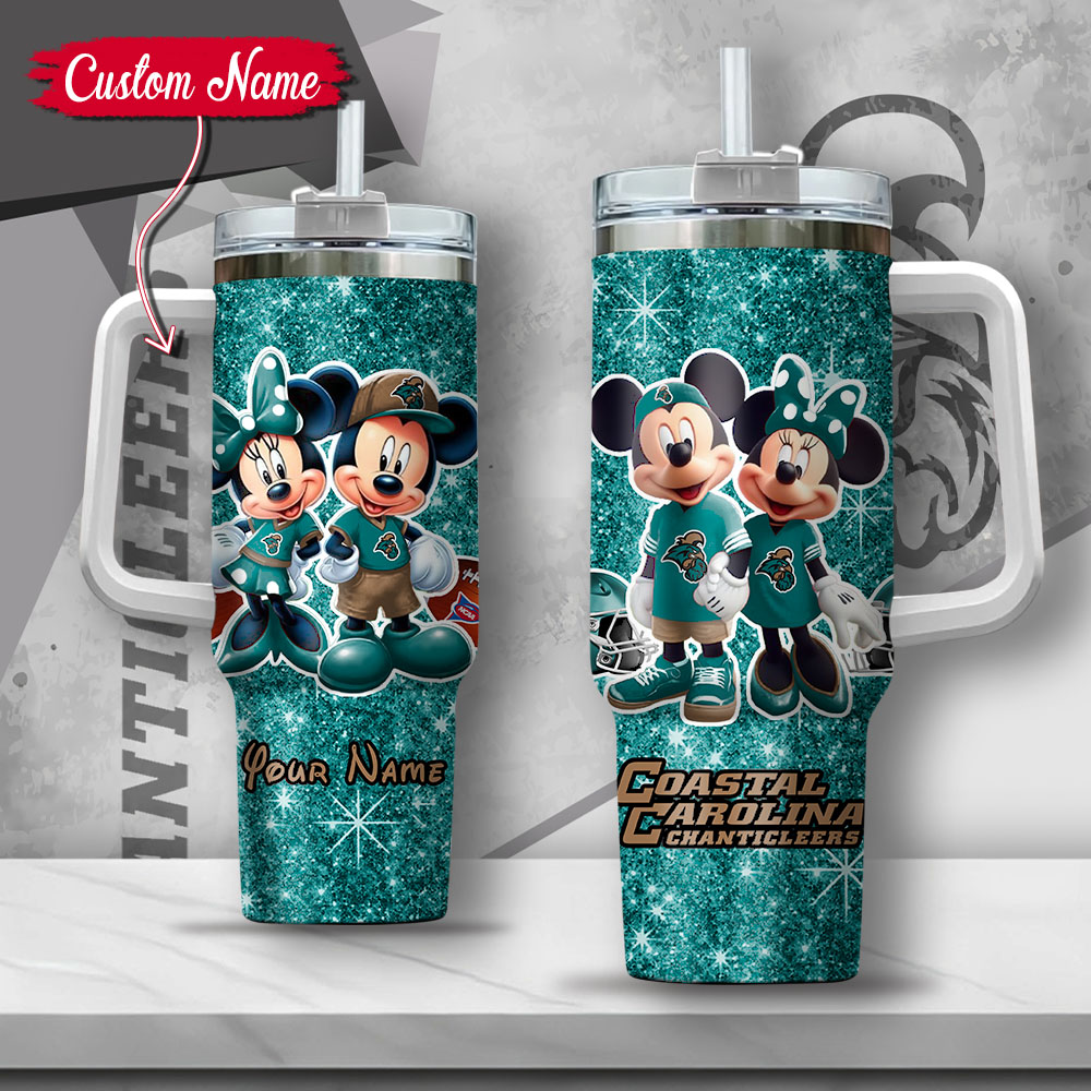 NCAA Coastal Carolina Chanticleers Mickey And Minnie Couple Custom Stanley Quencher 40oz Stainless Steel Tumbler With Handle