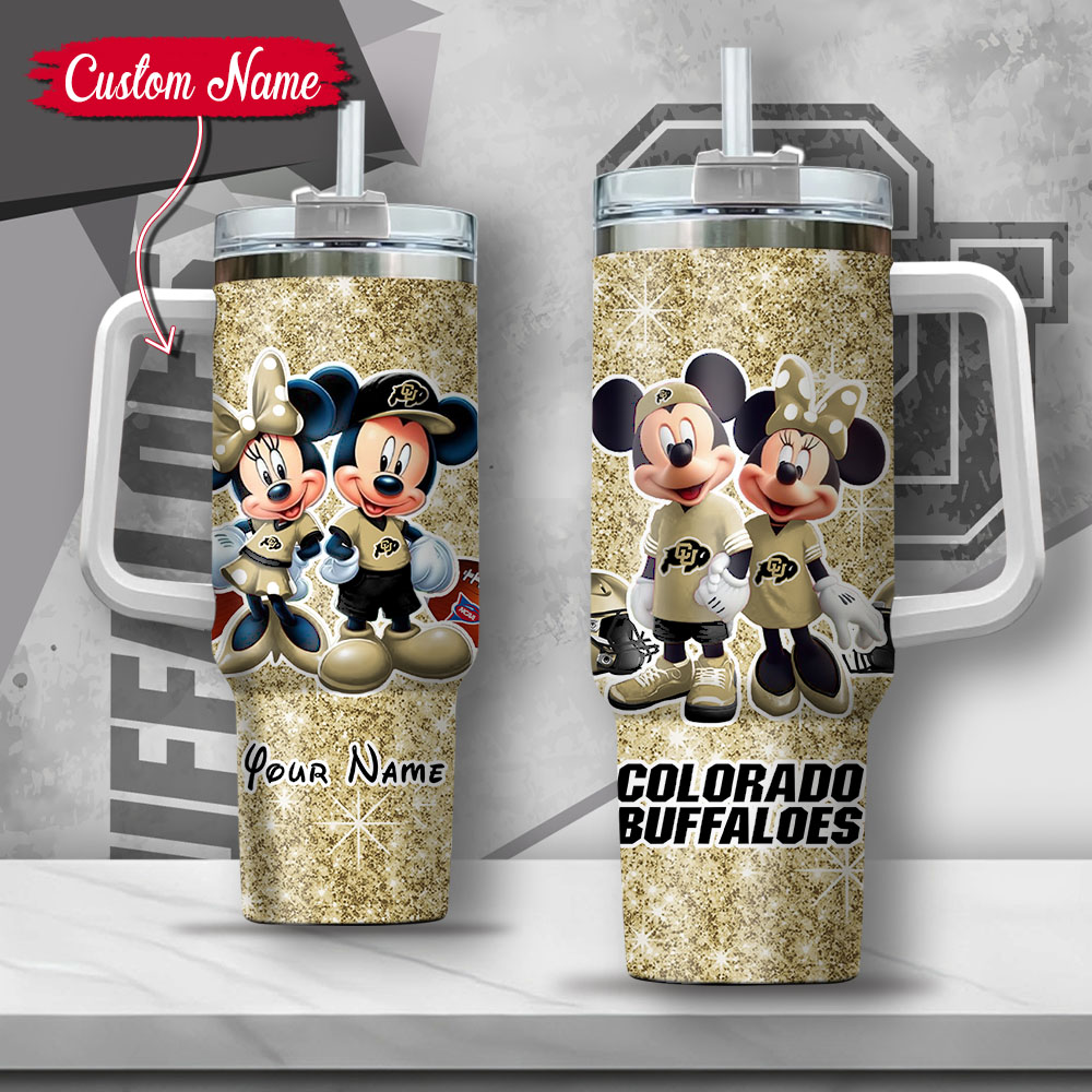 NCAA Colorado Buffaloes Mickey And Minnie Couple Custom Stanley Quencher 40oz Stainless Steel Tumbler With Handle