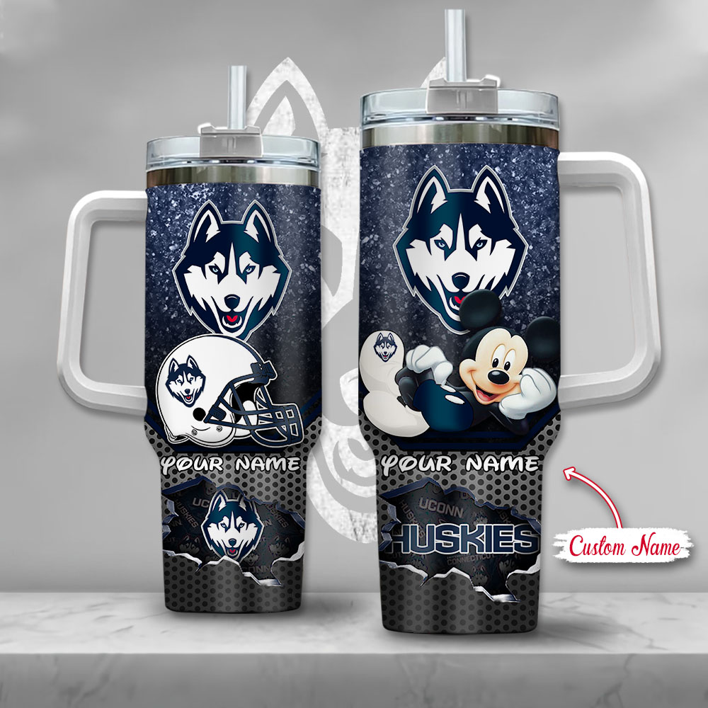 NCAA Connecticut Huskies Mickey Mouse Custom Stanley Quencher 40oz Stainless Steel Tumbler With Handle