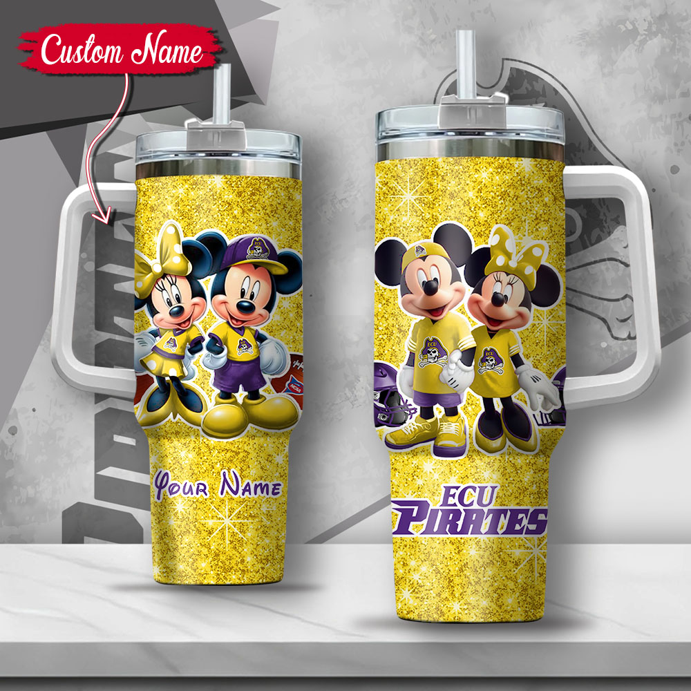 NCAA East Carolina Pirates Mickey And Minnie Couple Custom Stanley Quencher 40oz Stainless Steel Tumbler With Handle