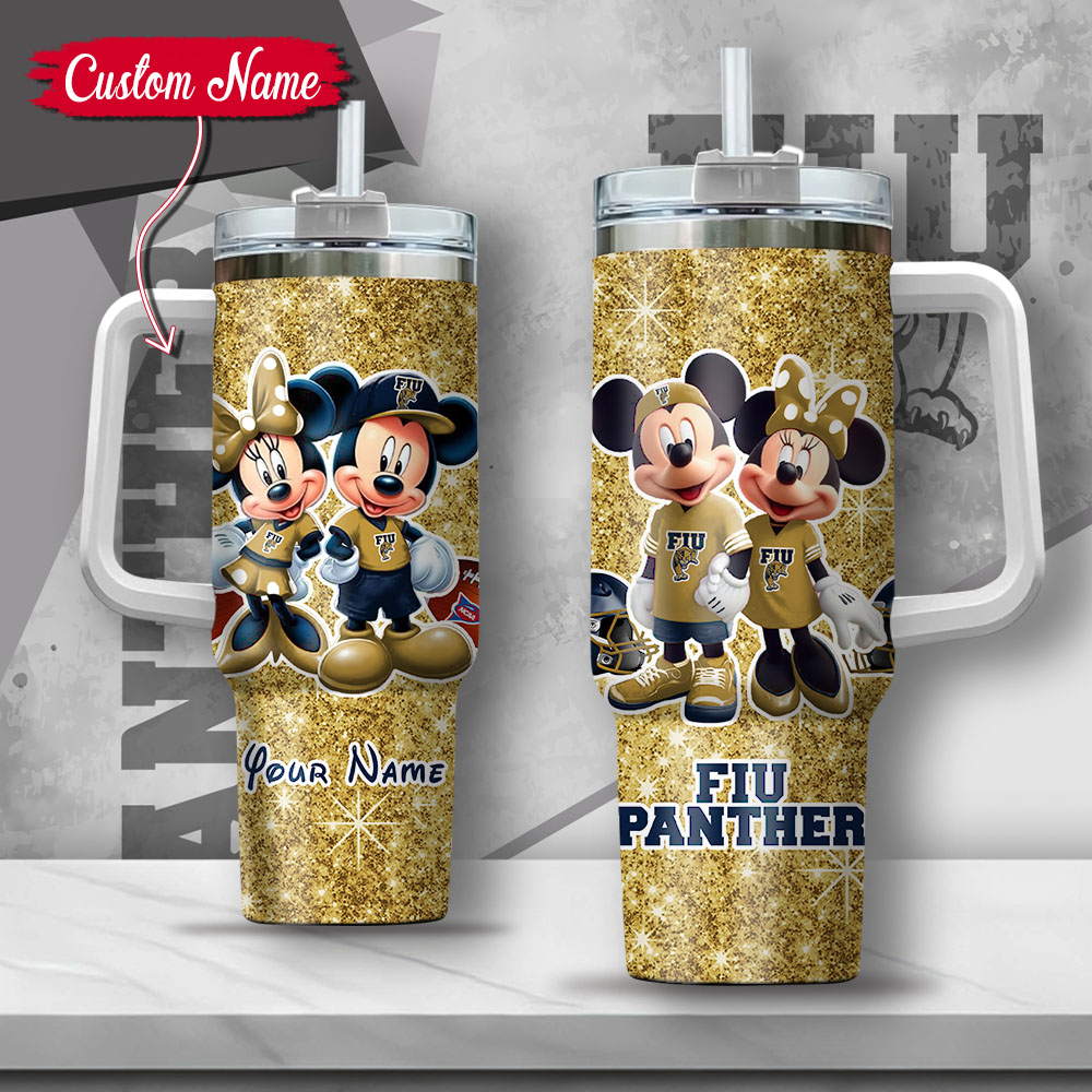 NCAA FIU Panthers Mickey And Minnie Couple Custom Stanley Quencher 40oz Stainless Steel Tumbler With Handle