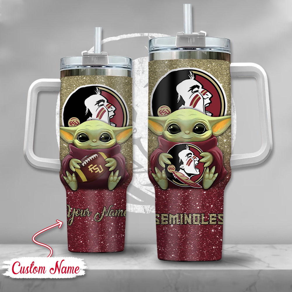 NCAA Florida State Seminoles Baby Yoda Custom Stanley Quencher 40oz Stainless Steel Tumbler With Handle