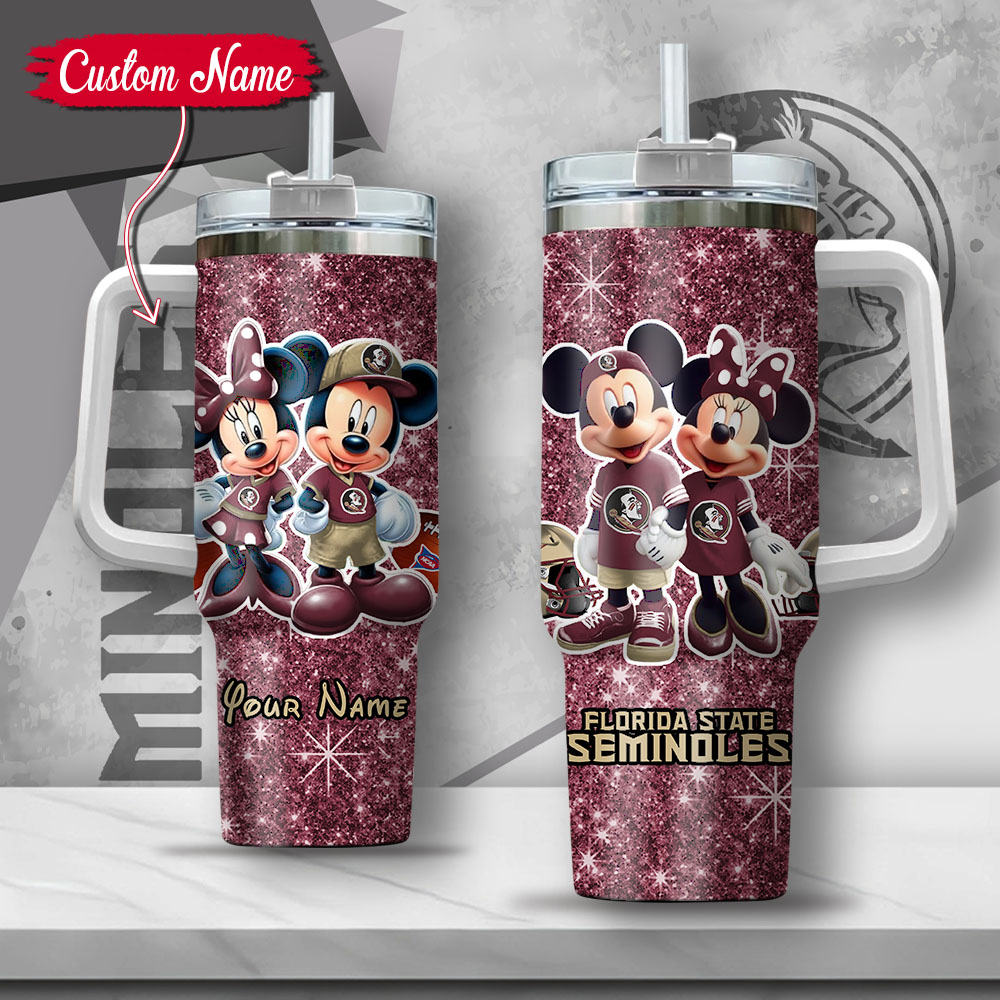 NCAA Florida State Seminoles Mickey And Minnie Couple Custom Stanley Quencher 40oz Stainless Steel Tumbler With Handle