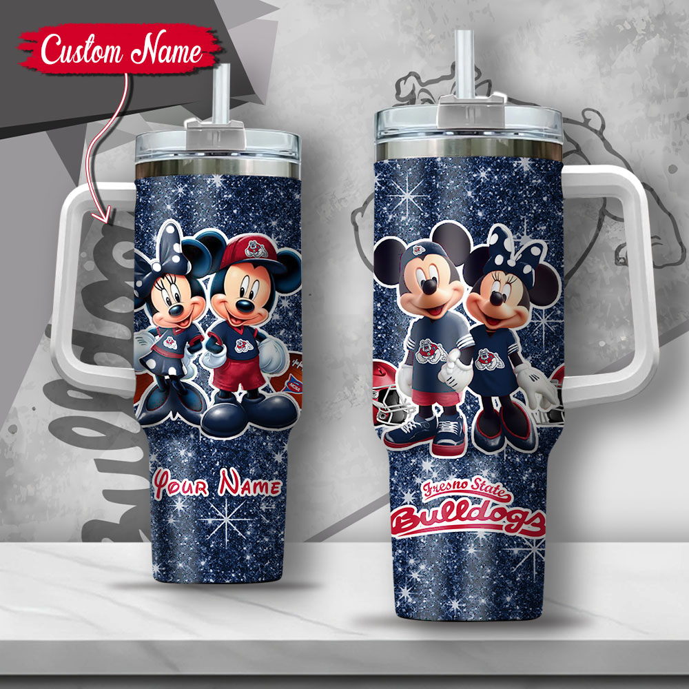 NCAA Fresno State Bulldogs Mickey And Minnie Couple Custom Stanley Quencher 40oz Stainless Steel Tumbler With Handle
